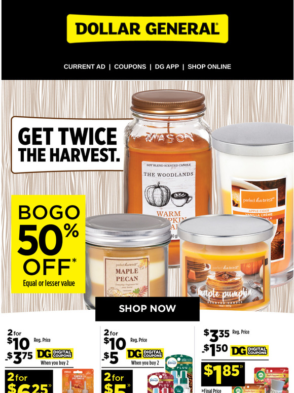 Dollar General BOGO 50 off harvest scented candles. Milled