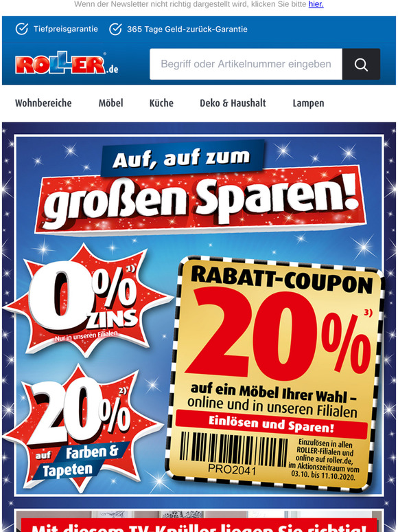 ROLLER Möbel online Shop 20¹⁾ Rabatt auf ein Möbel Ihrer