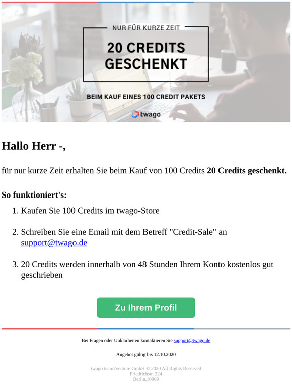 Last Chance! 20 Credits geschenkt beim Kauf eines 100 Credit Paket!