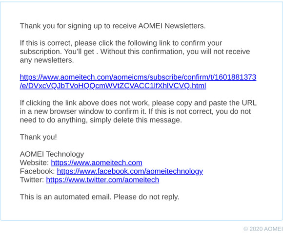 Request for confirmation: AOMEI Newsletter Subscription and $5 Coupon