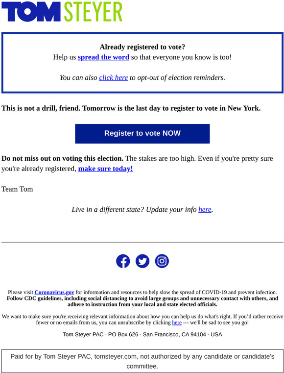Deadline to register to vote in New York is tomorrow!