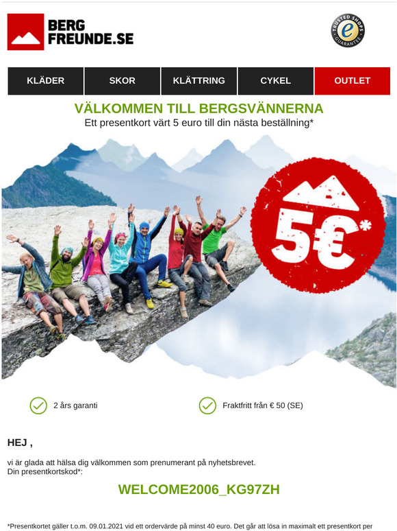 Välkommen bergsvän - Ett presentkort värt 5 euro till din nästa beställning*
