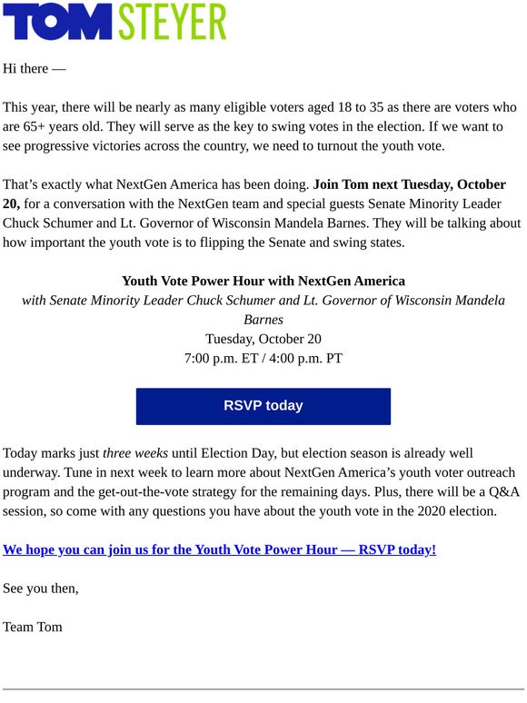 Join Tom, Sen. Chuck Schumer, and more for a discussion on the youth vote
