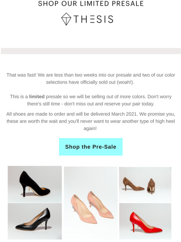 Going...going...GONE! One more of our colors is almost out of stock -  Reserve your Thesis heels asap! 👠