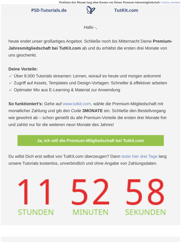 Nur noch heute! Spare 3 Monate bei Deiner Premium-Mitgliedschaft bei TutKit.com