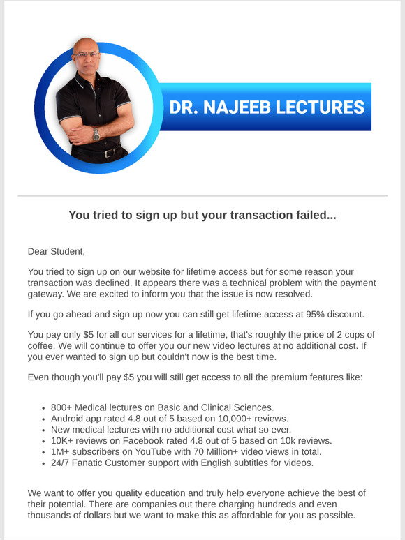 dr najeeb lectures says wrong password