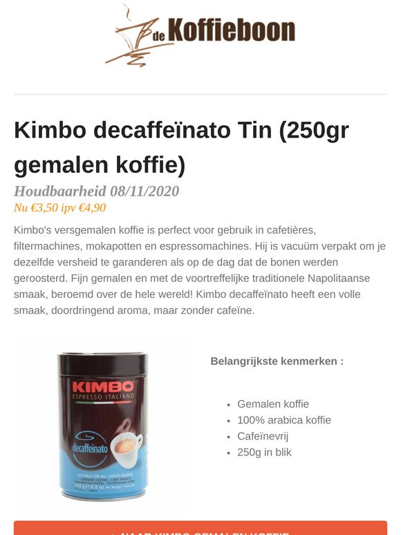 Dekoffieboon.nl: Kimbo en Piu deca gemalen koffie met grote - Houdbaarheid 11-2020 ☕ |