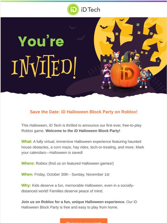 Id Tech Rsvp Save The Date Id Halloween Block Party On Roblox Milled - welcome to the party id roblox