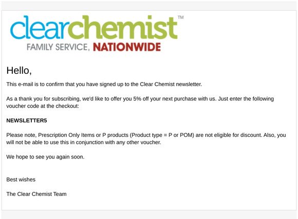 Clear Chemist - newsletter subscription success