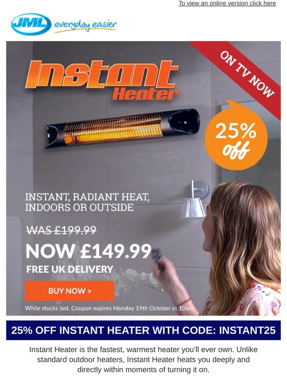 JML Instant Heater Indoor/Outdoor Radiation Heater That Saves time and Money Instant-Heat