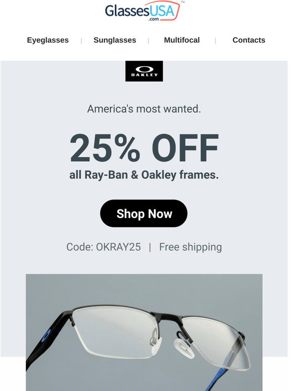 GlassesUSA.com: This code will get you 25% of Ray-Ban and Oakley frames ...