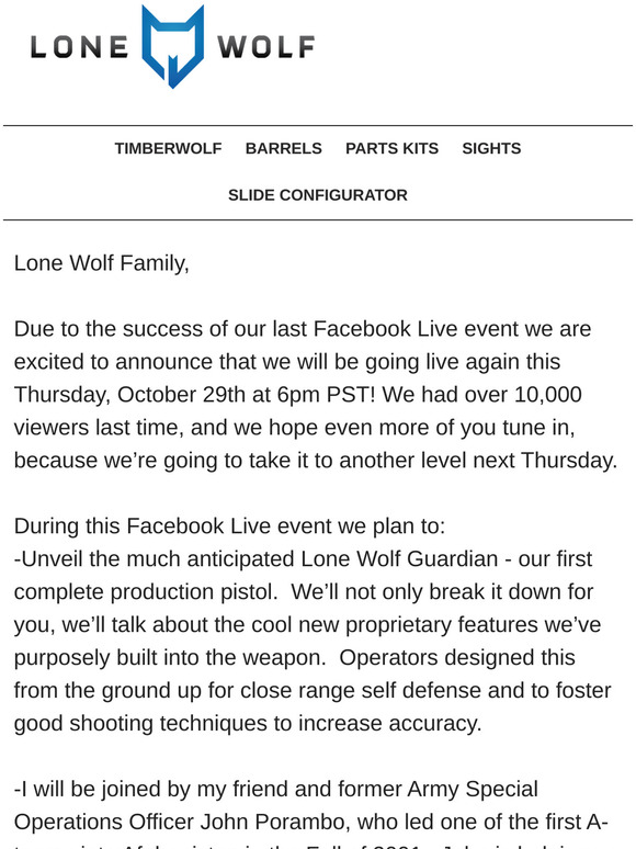 Lone Wolf Distributors Second Facebook Live Event On 10 29 And Guardian Pistol Unveiling Milled