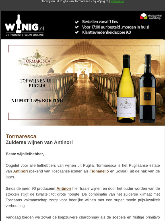 15% korting op Topwijnen uit Puglia van Antinori Tormaresca.