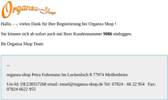 Vielen Dank für Ihre Registrierung im Organza Shop