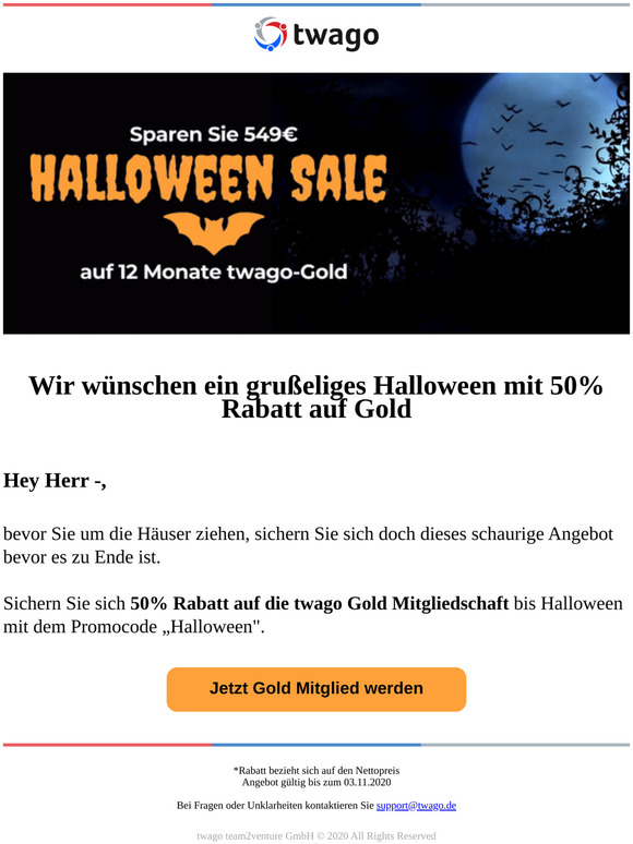 Herr -wir wünschen ein grußliges Halloween mit 50% Rabatt auf twago-Gold