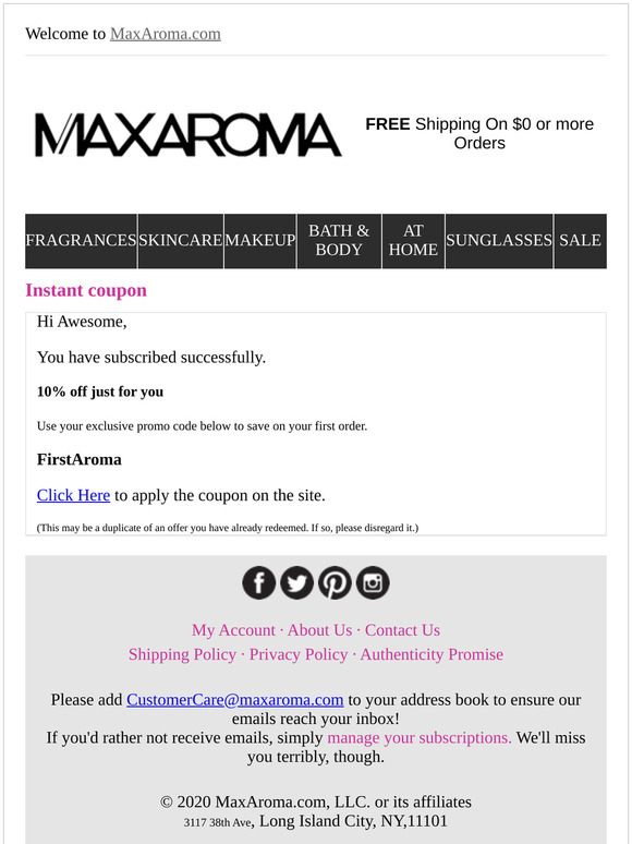 Instant Coupon Mail from MaxAroma