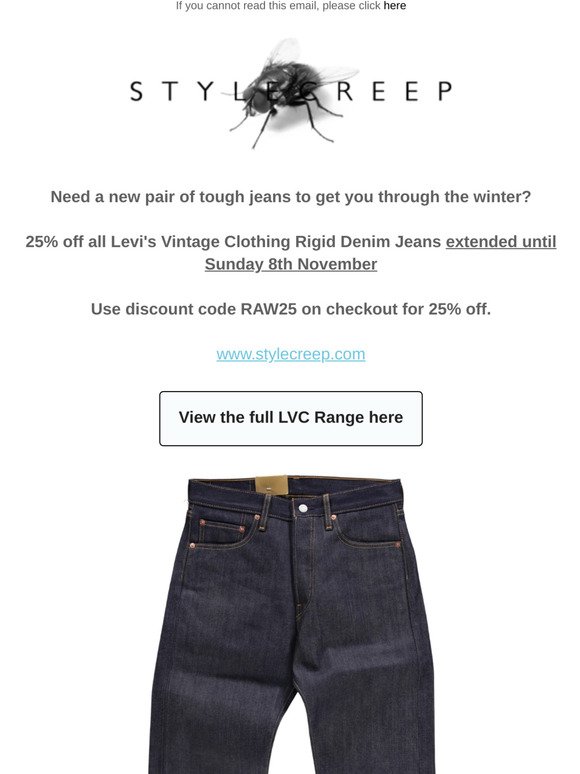 Extended - 25% off Levi's Vintage Rigid Denim Jeans @Stylecreep