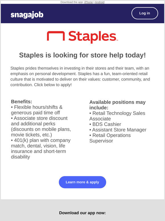 Snagajob Job Alert Staples is hiring near 10001 Milled