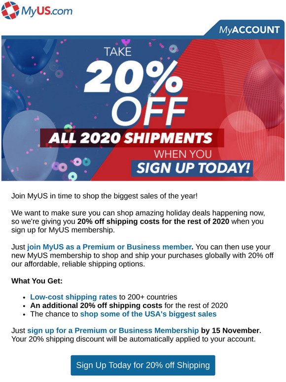 For You: Join MyUS and get 20% off all Shipments in 2020