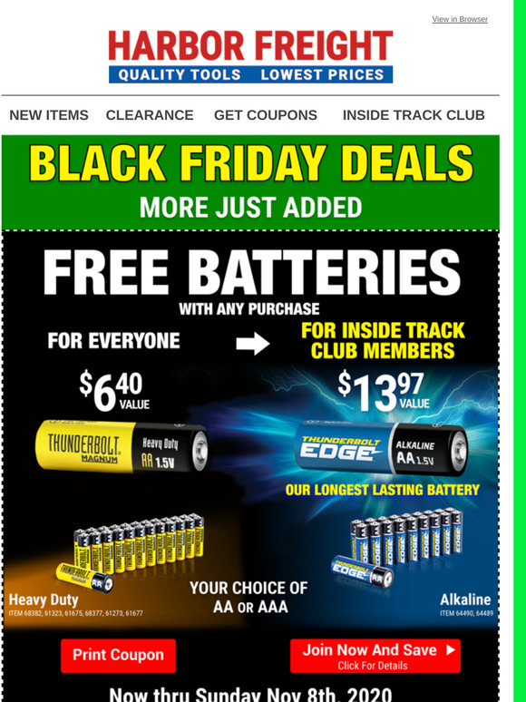Harbor Freight Tools FREE BATTERIES Milled
