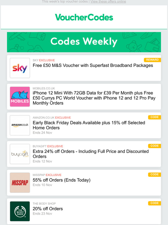 vouchercodes.co.uk Sky Free £50 M&S Voucher Mobiles.co.uk iPhone 12 Mini £39 p/m Amazon
