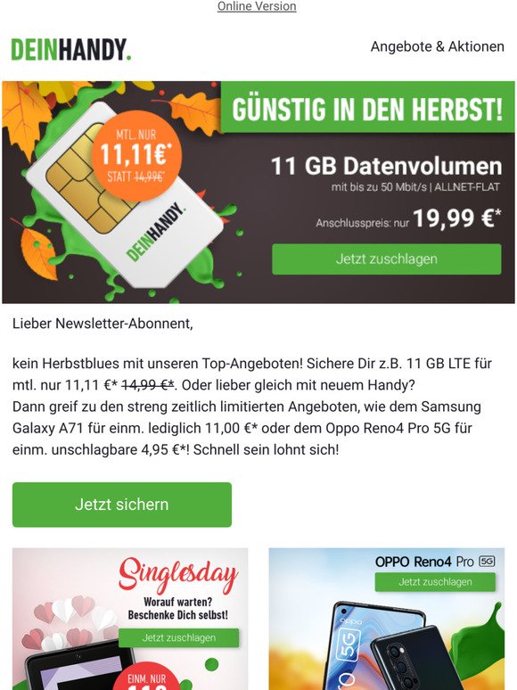 Herbstangebote: 11 GB Datenvolumen für 11,11 €*