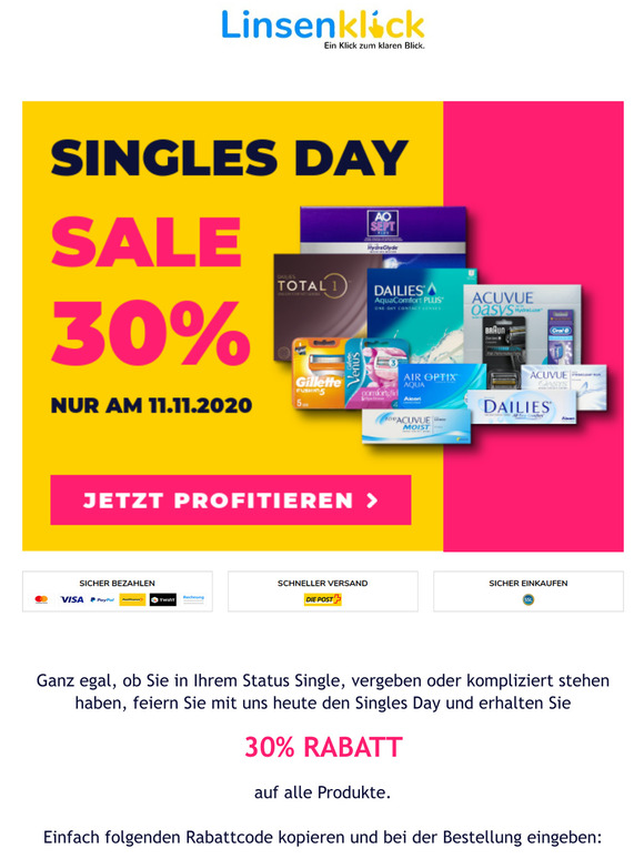 30% Singles Day Rabatt auf Kontaktlinsen, Pflegemittel und vieles mehr.