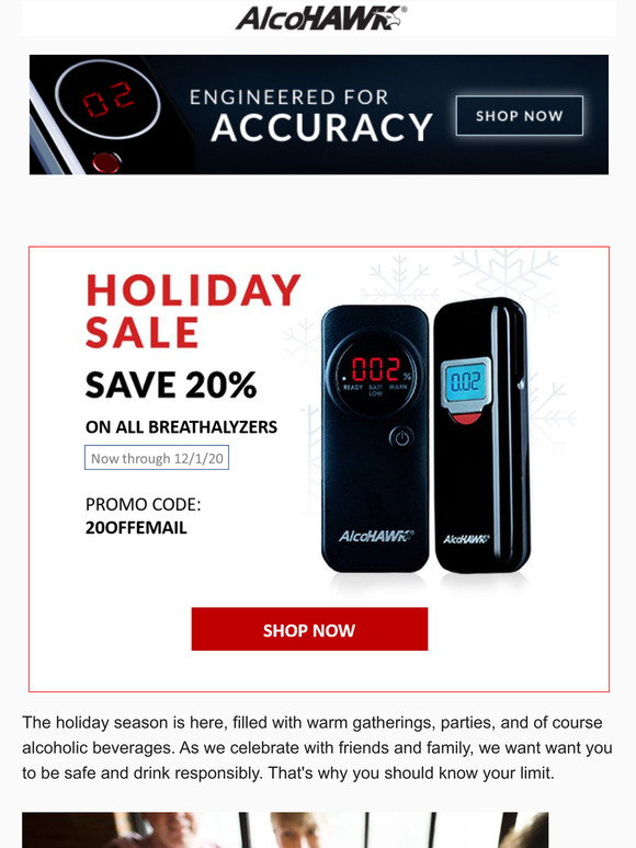 Holiday Sale - Save 20% Now on all Breathalyzers from Alcohawk