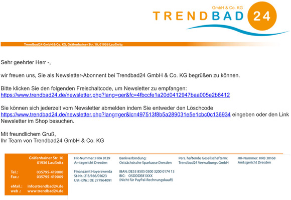 Ihr Newsletter Freischaltcode von Trendbad24 GmbH & Co. KG