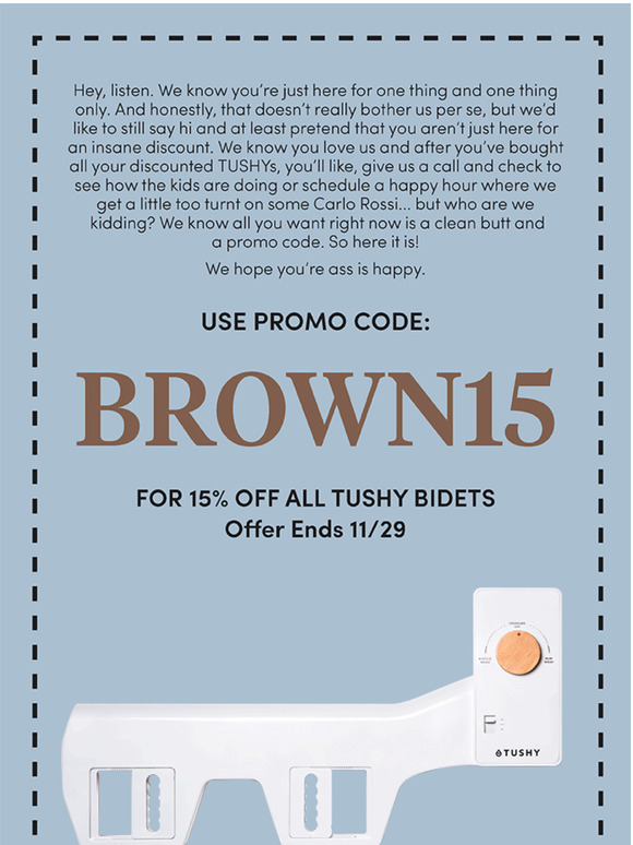 TUSHY Black Friday! Get 15 off all TUSHY bidets! Milled