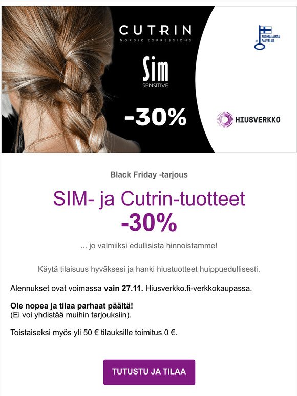 Black Friday: SIM- ja Cutrin-tuotteet -30% vain 27.11.