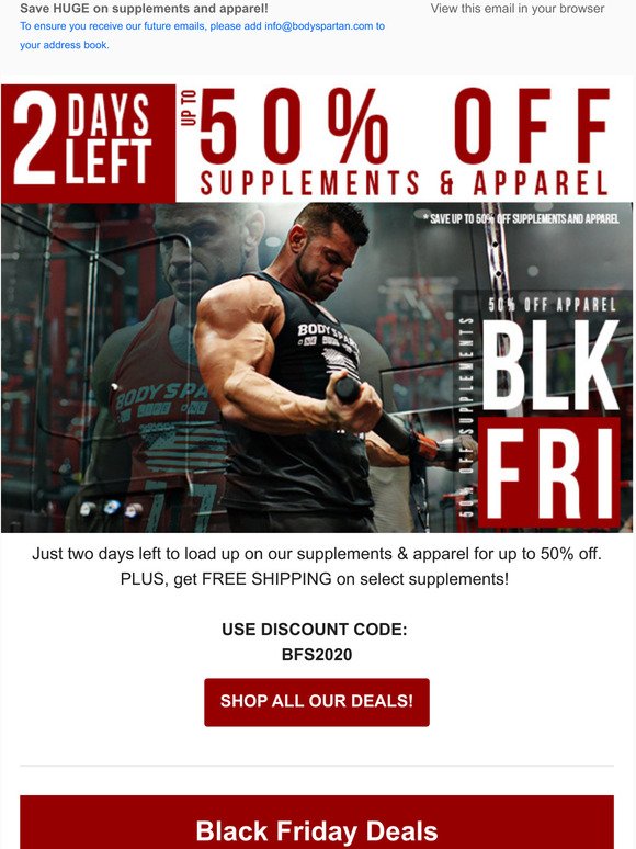 Up to 50% off supplements & apparel!