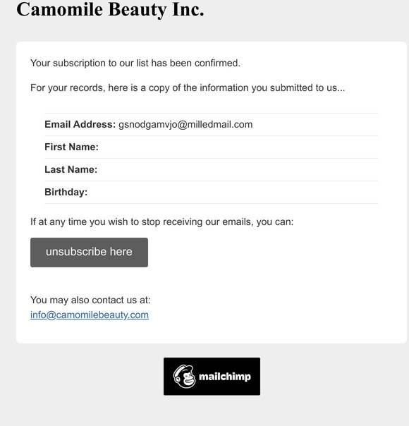 Camomile Beauty Inc.: Subscription Confirmed