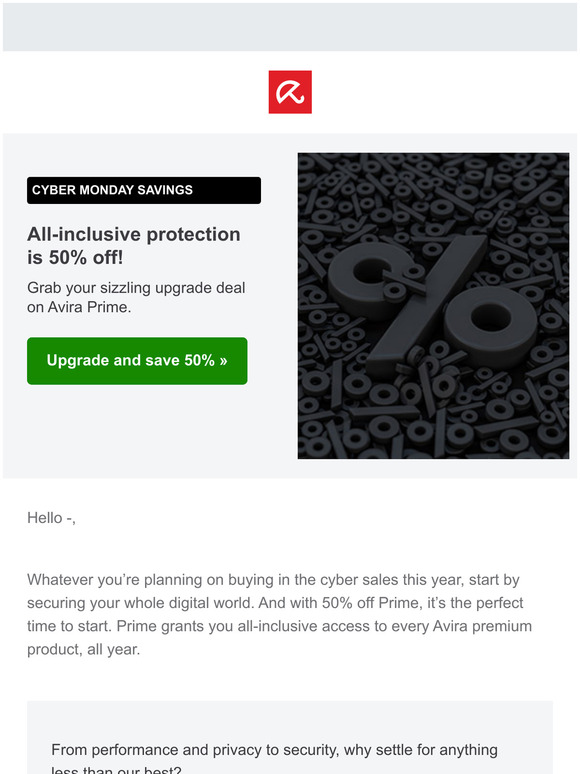 -Start the cyber sales safely: 60% off Avira Prime.
