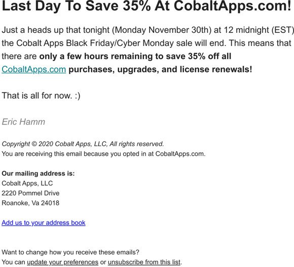 Cobalt Apps Black Friday/Cyber Monday Sale Ends Tonight At Midnight!