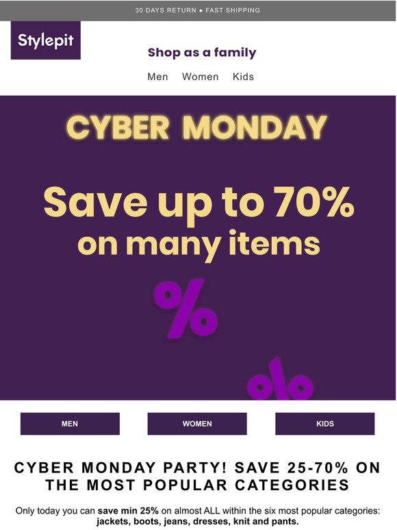 Cyber Monday - Save 25-70% on popular categories💜