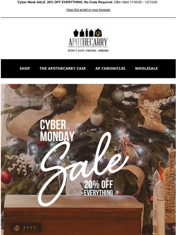 Apothecarry Cyber Sale. 20% off site wide. Make that gift count.