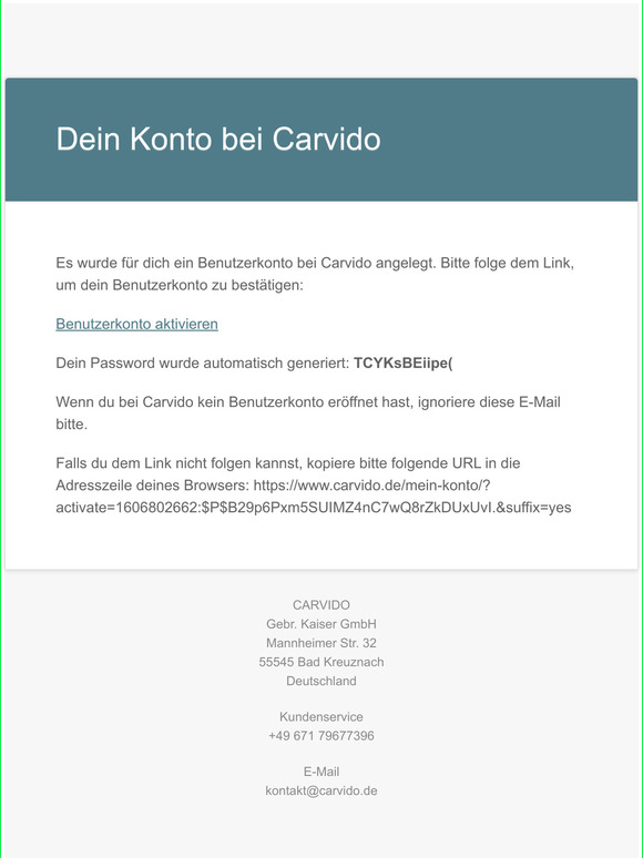 Aktiviere dein Benutzerkonto auf Carvido
