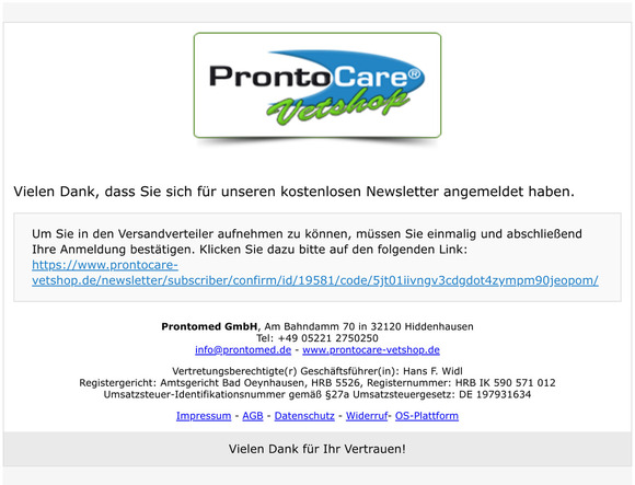 ProntoCare-Vetshop: Anmeldebestätigung für Newsletter