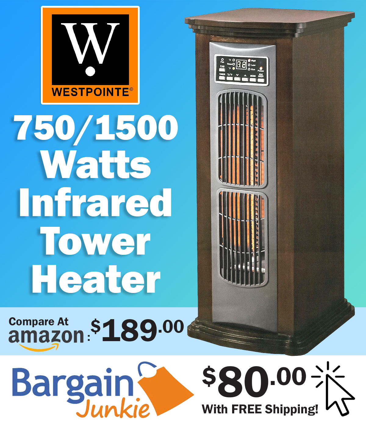 Bargain Junkie ONE DAY ONLY! 80.00 Westpointe Infrared Tower Heater
