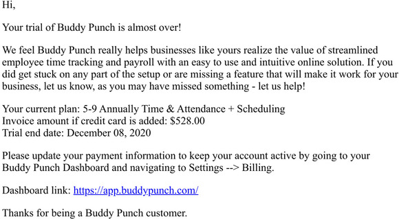 Your free trial of Buddy Punch is ending.