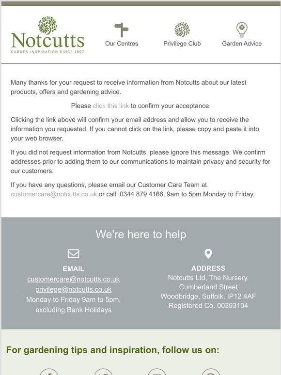 Notcutts newsletter confirmation