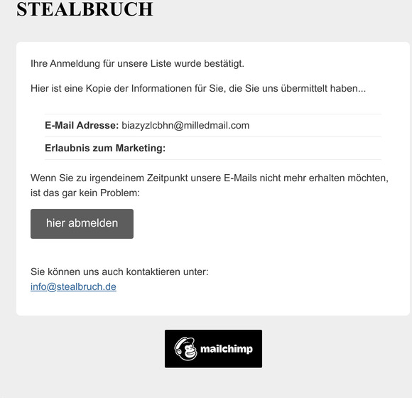 STEALBRUCH: Anmeldung bestätigt.