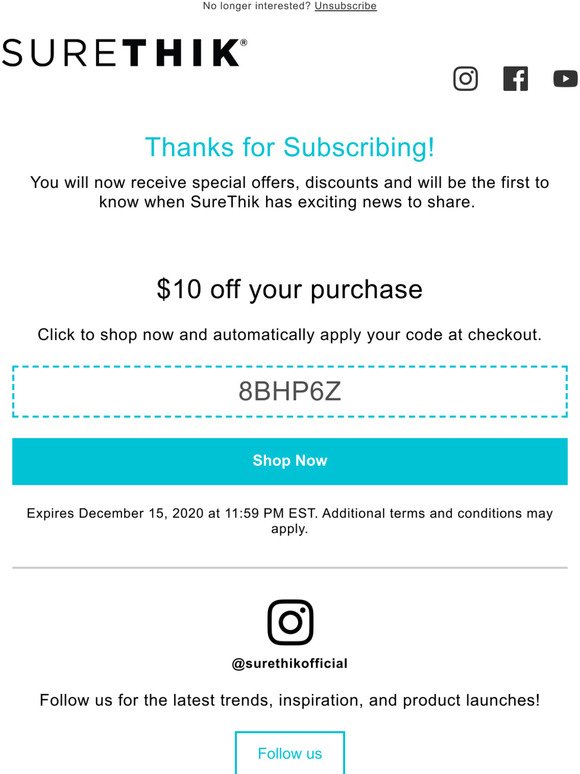 Welcome! You're now a SureThik VIP! Exclusive Discount Code Inside...