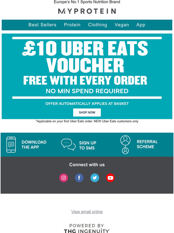 Myprotein £10 Uber Eats voucher with EVERY order! Milled
