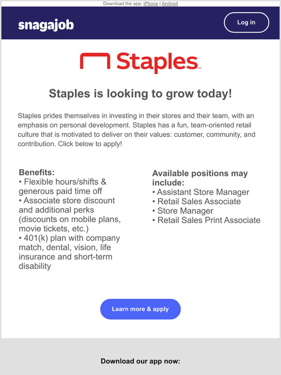 Snagajob Job Alert Staples is hiring near 10001 Milled