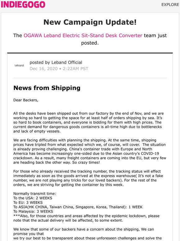 Indiegogo Update 6 From Ogawa Leband Electric Sit Stand Desk Converter Milled