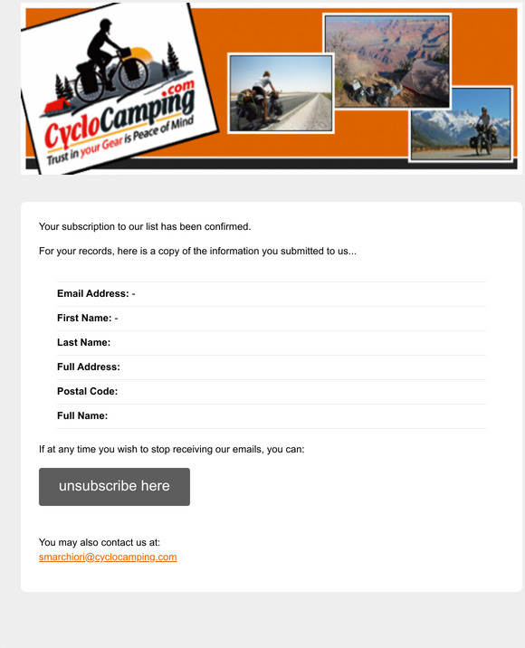 CycloCamping.com Mailing List: Subscription Confirmed