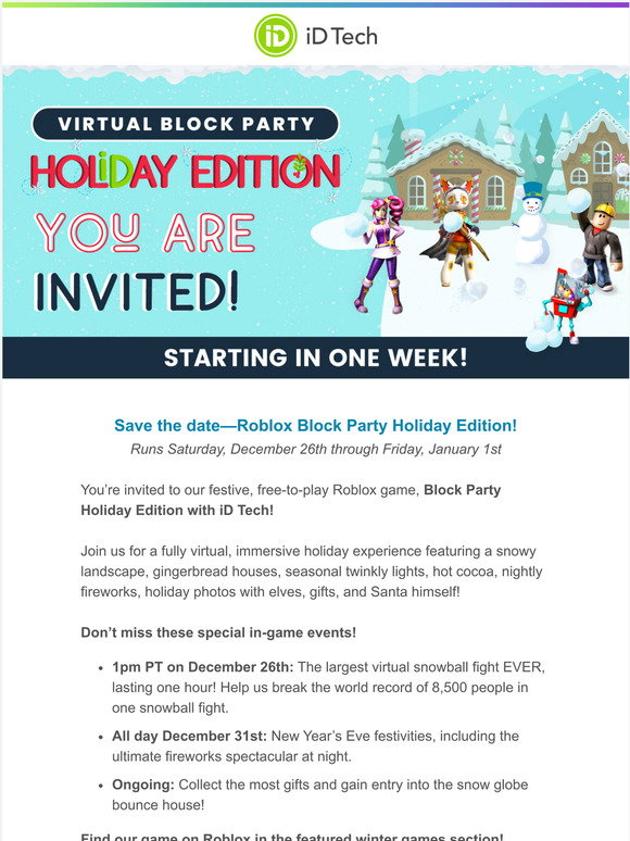 Id Tech One Week Away Roblox Block Party Holiday Edition Starts Soon Milled - roblox snow fight