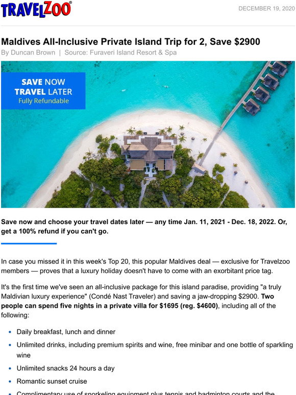 Travelzoo Maldives AllInclusive Private Island Trip for 2, Save 2900
